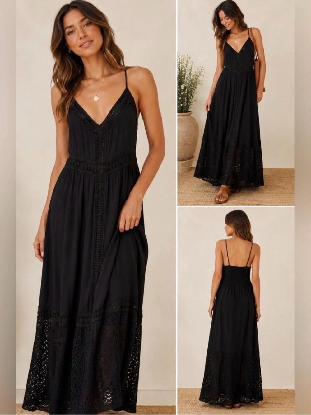 Abercrombie Black Lace-Trim Crochet Maxi Dress